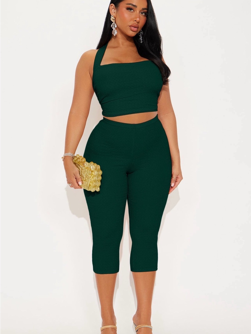 Fashion Nova Emerald Green Square-Neck Crop Top & Capri Set